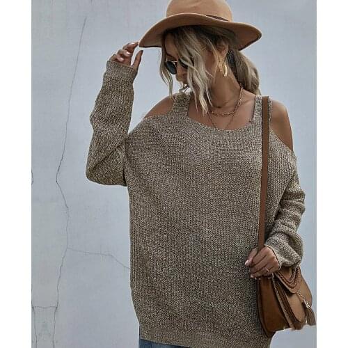 New Fashion Womens Autumn Loose Thin Sweaters Off Shoulder Khaki Pullovers Clothes Female Tops Streetwear Fall Spring Jumpers