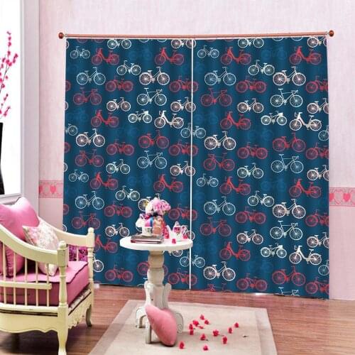 Cartoon 3D Bicycle Blackout Curtain Retro Geometric Pattern with Different Bicycles Fun Ride Urban Living Room Bedroom Drapes