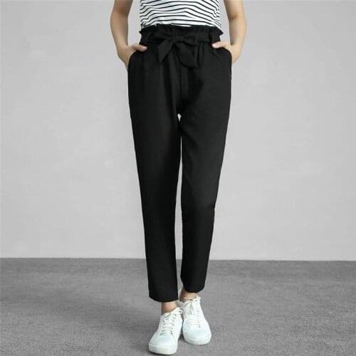 Female Solid Black Chiffon Ankle-Length Pants Ruffles Sashes Bow Sweet Girl Harem Pants OL Trousers Plus Size Pants M-7XL
