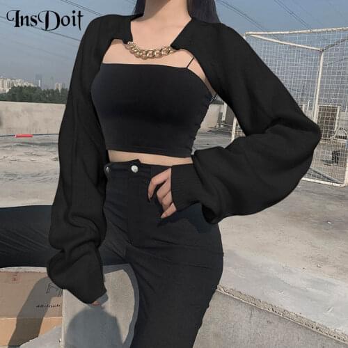 InsDoit Harajuku Chain White Cropped Sweater Streetwear Punk Long Sleeve Hollow Out Sweater Women High Street Casual Tops