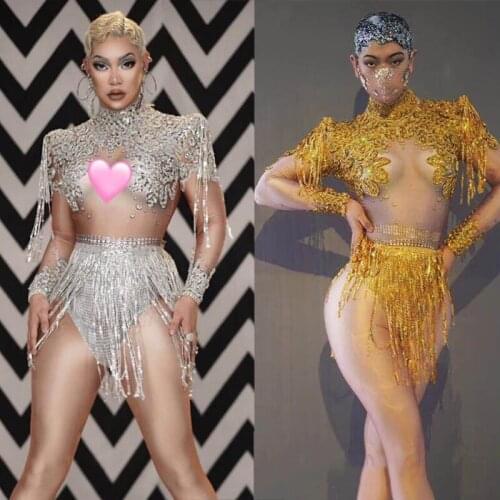 Silver Rhinestones Transparent Fringed Bodysuit Pole Dance Jumpsuit Novelty Outfit Women Birthday Celebrate Prom Wear XS1358
