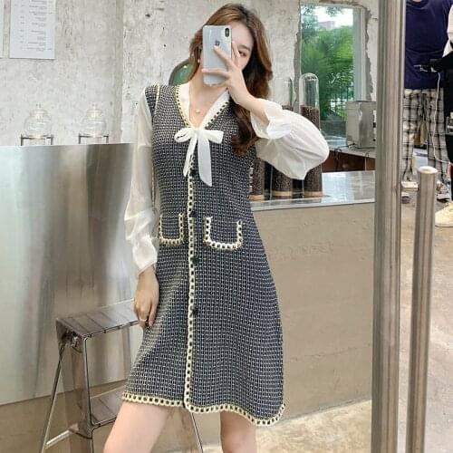 Autumn korean fashion bow dress women long sleeve elegant fffice Fake two-piece patchwork chiffon houndstooth dresses Female