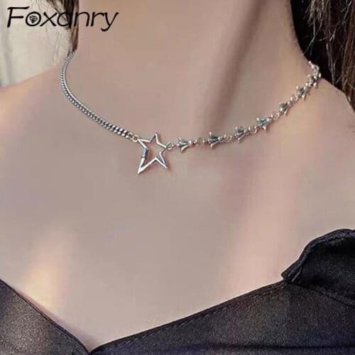 Foxanry 925 Sterling Silver Pentagram Stars Clavicle Chain Trendy Sweater Necklace for Women Thai Silver Party Jewelry Gifts