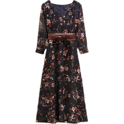 Floral Print Elegant Pastel Chiffon Vestidos A-line Slim Waist Lining Trendy Ukraine Office Luxurious Plus Size Dress Women