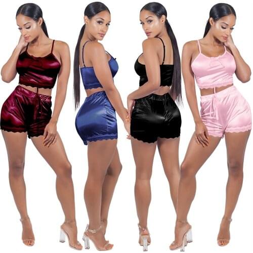 Women Sexy Strap Lace Short Two-piece Suit Ladies 2 Piece Satin Silk Pajama Set Sleeveless Pyjamas Sleep Shorts Set Sleepwear