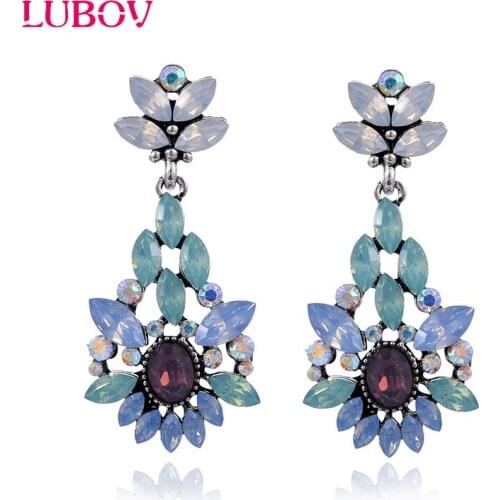 LUBOV Elegant Blue Purple Crystal Stone Flower Pendant Dangle Earrings Women Rhinestone Acrylic Flower Drop Earrings Party Jewel