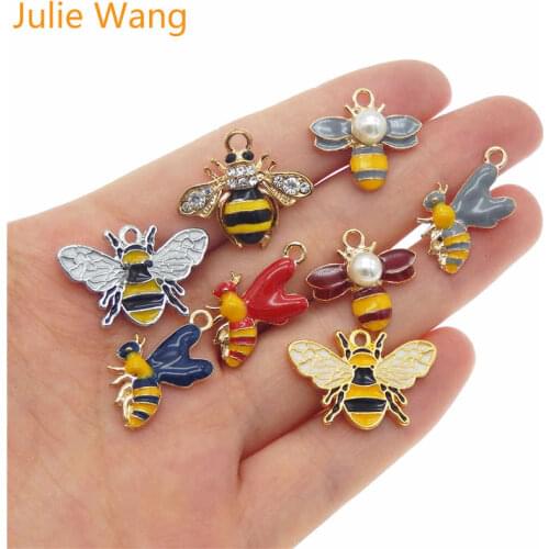 Julie Wang 8PCS Alloy Mixed Styles Enamel Bumble Bee Honey Bee Charms Necklace Pendant Findings DIY Jewelry Making Accessory