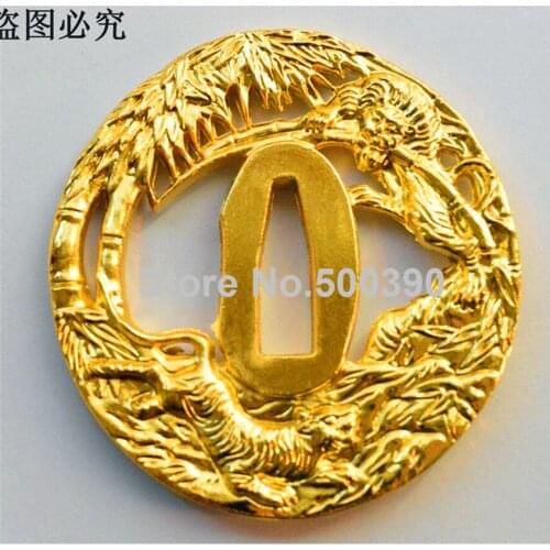 Beautiful Golden Alloy Tiger Bamboo Tsuba Guard For Japanese Sword Samurai Katana High Quality