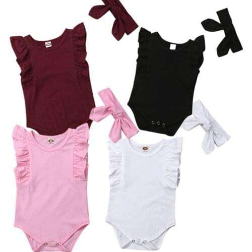 New Arrivels Infant Baby Girl Ruffle Romper Jumpsuit Headband Summer 2Pcs Clothes 0-24M