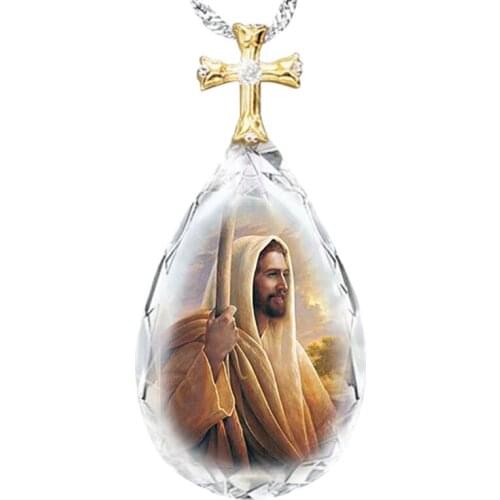 Fashionable Jesus Image Cross Pendant Necklace Creative Water Drop Shaped Glass Exquisite Simple All-match Jewelry