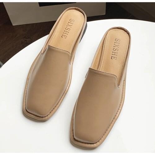 Summer Slippers Women Mules Comfortable PU Low Heel Slip-on Holiday Ladies Slides Mules Female Women Casual Shoes