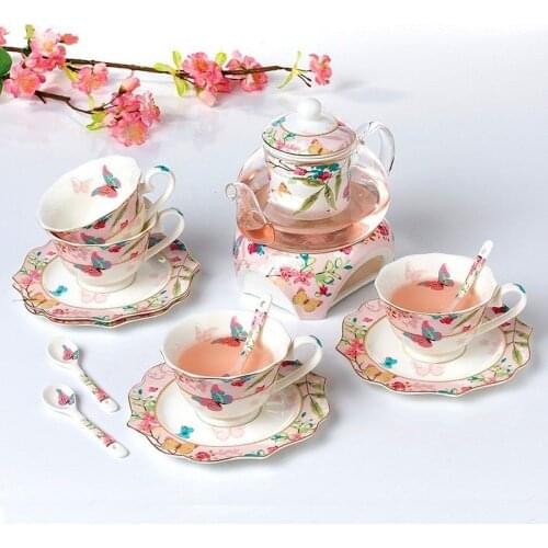 Fashion Butterfly Teapot Cup Set With Heating Base Elegant Bone China Heat Resistant Glass Teapot Afternoon Teaware Gift Box