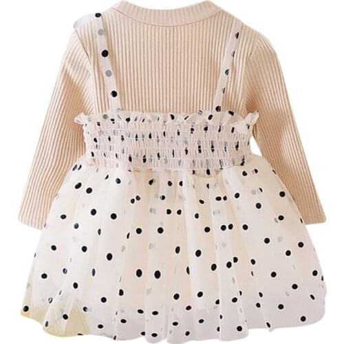Fall Autumn Baby Girl Long Sleeve Casual Regular Dress Stitching Dots Printing Dress Skirt Cotton Outfits Girl Two-piece Dress