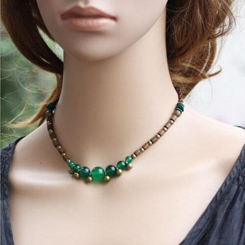 Natural red onyx stones wood beads necklaces short choker necklace handmade knitted women necklace 0520