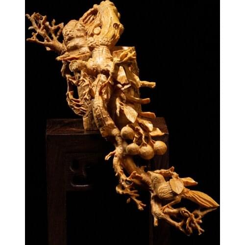 Boxwood 18cm Magpie Sculpture Auspicious Animal Wood Lucky Collection Flowers and Birds Home Decor