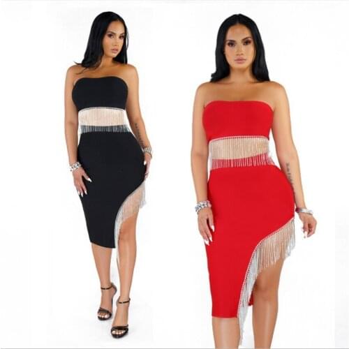 Chic Women Sexy StraplessTassels Two Piece Sets 2021 Spring Hottest Lady Backless Sleeveless Crop Tops High Split Skirts Outfits