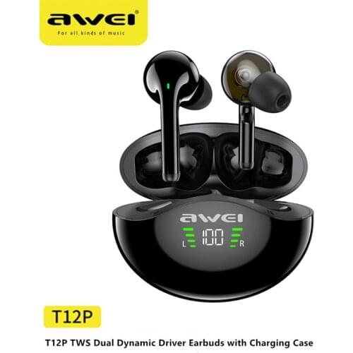 Awei T12P Earbuds TWS Wireless Earphone Bluetooth for huawei oppo xiaomi redmi gaming Sport ear bud 390mAh Mic Charging Case