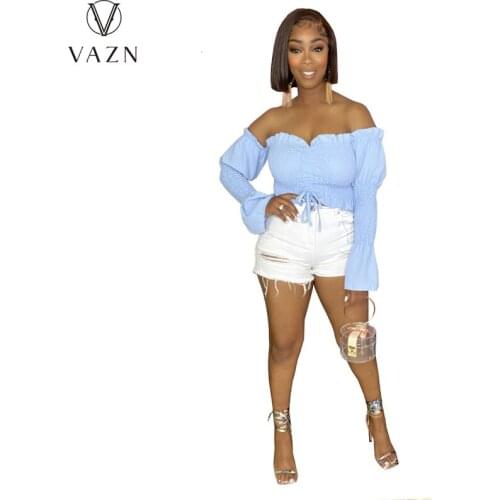 VAZN 2021 INS Autumn Summer Chiffon Style Strapless Full Sleeve Bandage Top Joker Sweet Young High Waist Women Mini Tees