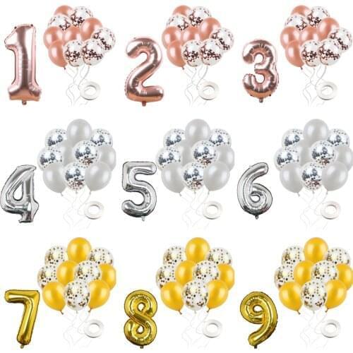 12Pcs/lot Happy Birthday Balloons Party Balloons Rose Gold Number Foil Balloon Baby Shower Kids 1st Birthday Party Decorations