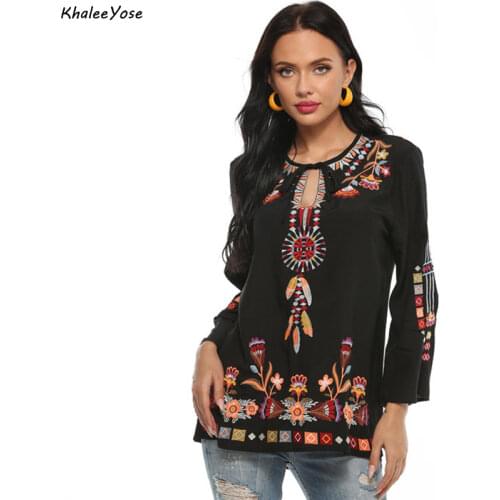 KHALEE YOSE Black Boho Embroidery Blouses Shirt Plus Size Cotton Boho Mexican Shirt Long Sleeve Hollow Out 3xl Ethnic Chic Shirt