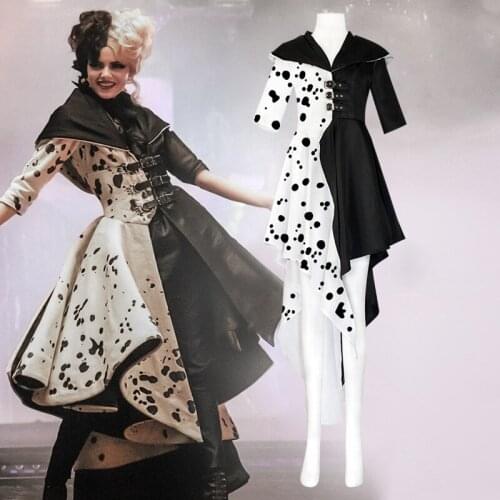 Cruella Costume Cosplay Evil Queen Black White Evening Party Dress Fashion Emma Magic Oufit Women Suit Coat Gloves