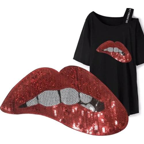 1Pc Red Lip Patches For Clothing Sequined Lace Fabric Sequins T shirt Women Girl Patch Clothes Stickers