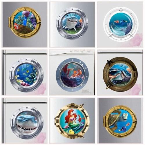 3d Smiling Big Shark Nemo Dory Submarine Portholes Windows Wall Stickers For Washing Machine Decoration Diy Wall Decals Art