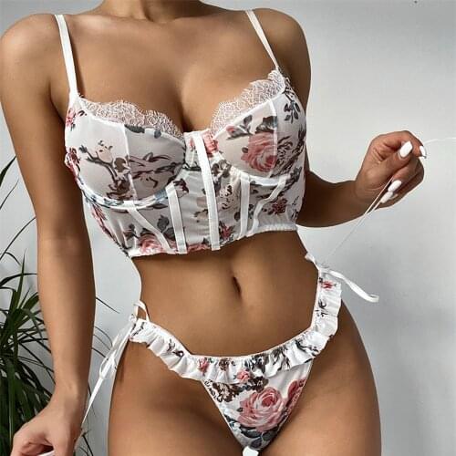 Floral Sexy Lingerie Woman 2 Pieces Underwear Set Ruffled Lace Ribbon Sensual Lingerie Bra and Brief Sets Erotic Underwear