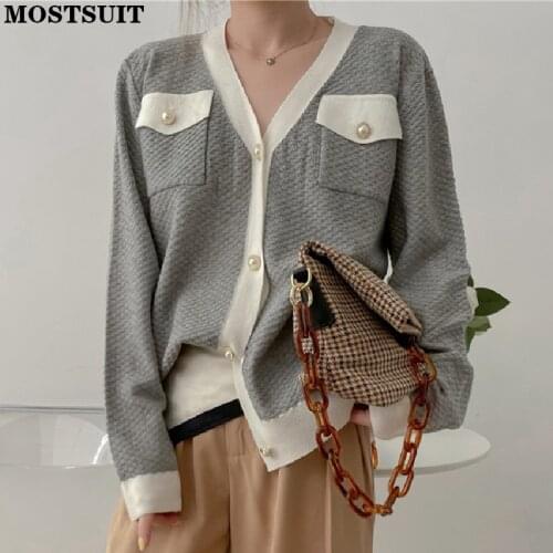 Vintage Patchwork Knitted Cardigan Sweater Women Full Sleeve V-neck Pearl Buttons Jumpers Knitwear Elegant Ladies Loose Tops