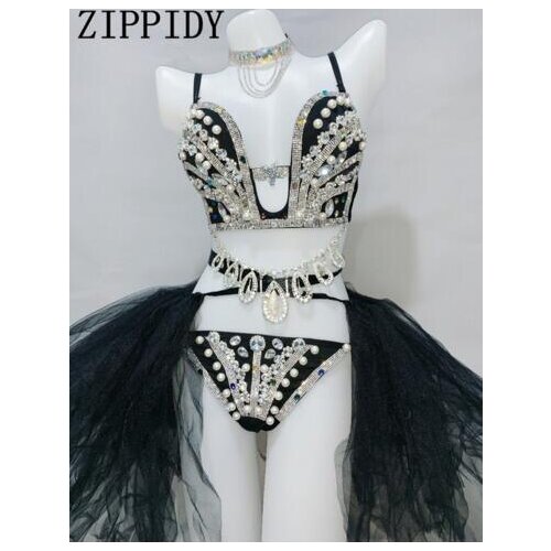 New design Silver Rhinestones Pearls Bra Short Outfit Set Black Mesh Tail Bikini Women Singer DS DJ Stage Evening Outfit Set
