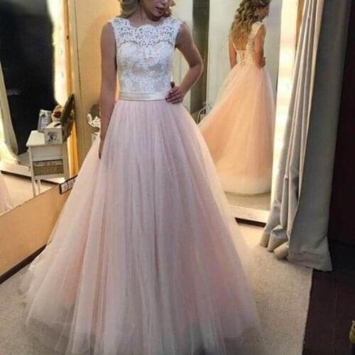 Pink And White A-Line Lace Wedding Dresses Lace-up Backless Sweep Train Tulle Vintage Garden Wedding Bridal Gowns