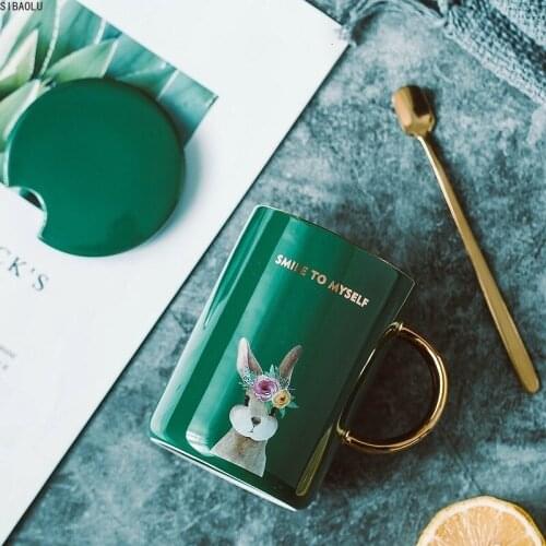 Retro Ceramic Lovely Gold Handle Animal Mug With Lid Spoon Simple Creative Cup Personality Trend Coffee Green Glaze Cartoon Mug