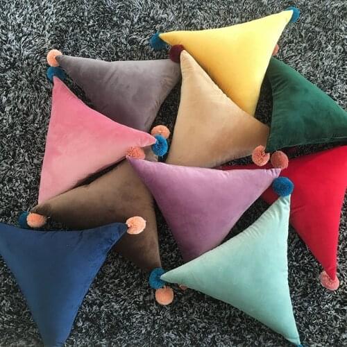 Hot Triangle Cushion Pink Grey Coffee Red Purple Yellow Blue Solid Pom Poms Solid Color Kids Home Decorative Pillow Soft Velvet