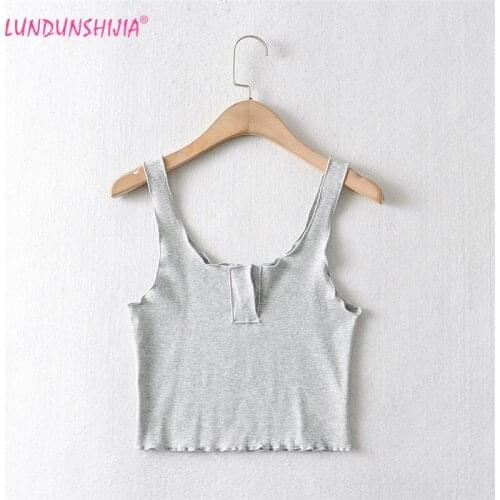 LUNDUNSHIJIA 2021 Summer Women Sexy Solid Cotton Knitting Sleeveless bra Crop Tops Buttons Short Tanks Top