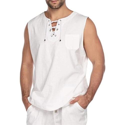 Mens Vest T-shirt Casual Summer Solid Color Sleeveless V Neck Bandage Pocket Shirt Top Men Clothing
