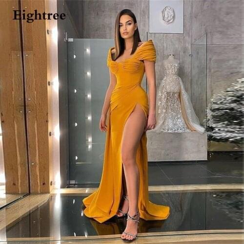 Eightree Khaki Soft Side Slit Long Evening Party Dress Sweetheart Sleeveless Off Shoulder Floor Length Formal Gown Pleated Dress