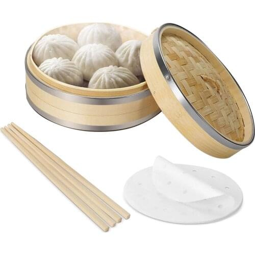 8-inch Bamboo Steamer Set With 50PCS Lining Kitchen Cooking Cookware Fish Rice Vegetable Dumpling Steamer Steam Pot