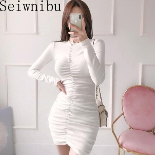 O-Neck bodycon Package Hip knitted dress women Long Sleeve White sweater dress Winter female ladies autumn short vestidos
