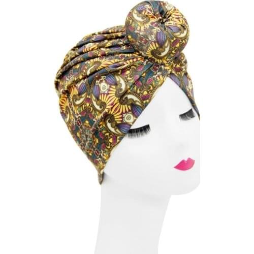 Bonnets For Women European And American Popular Ball Headband Hat Indian Wind Print Chemotherapy Cap Donut Bag Cap Knot Turban