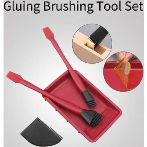 Silicone Soft Brush Glue Brush Washfree 4 Pcs Glueing Tool Set Glue Brush Flat Scraper Glue Tray Wood Gluing Brushing Tools