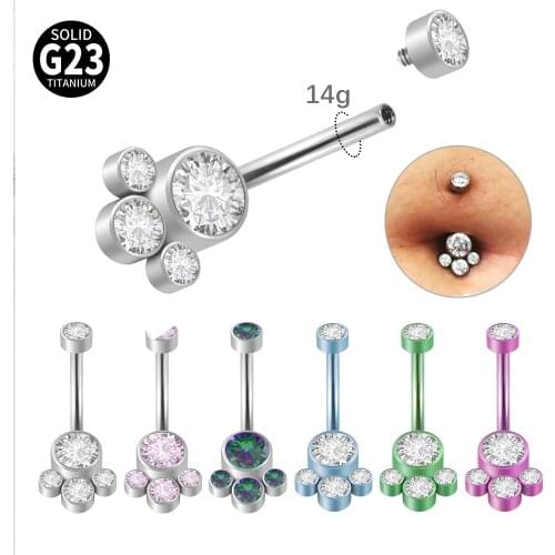 Titanium Navel Piercing Bezel 4 CZ Cluster Internally Threaded Navel Curves Barbell Body Piercing Belly Button Ring Body Jewelry