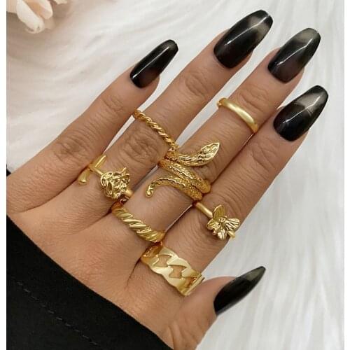 FAMSHIN 7pcs/set Vintage Snake Ring Set Butterfly Rings For Women For Party Boho Jewerly Punk Accessories Flower Ringen Anillos