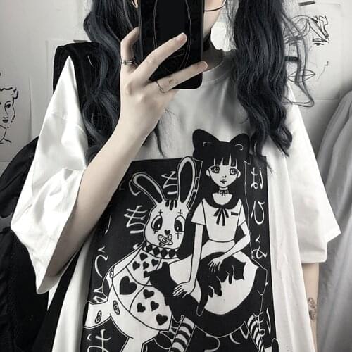 Womens T Shirts Harajuku Gothic Punk Cartoon Tshirts Summer Short Sleeve O-Neck Tee Shirt Oversized T Shirt Female Clothing