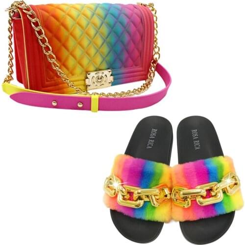 Womens Shoes Summer European And American New Style Slippers Fashion Rainbow Fur Slippers Chain Flat Sandals And Slippers Set