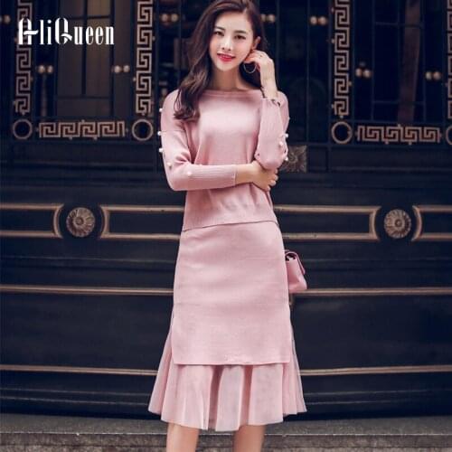 Korean Autumn 2 Piece Outfits For Women Sweet Pearls Knit Sweater + Mesh Patchwork Knit Skirt Women Set Suit Elastic Plus Size