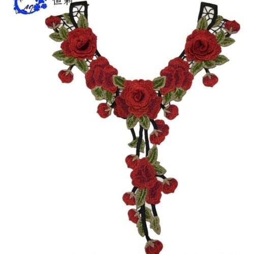1 Piece 40*36cm Red with Green 3D Flower Neckline Lace Applique Luxury Long Lace Collar for Garment Dress Decor