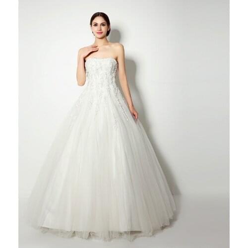 3D Applique Wedding Dress pearls Paillette Rhinestone lace up net Strapless simple generous Bride ball gown