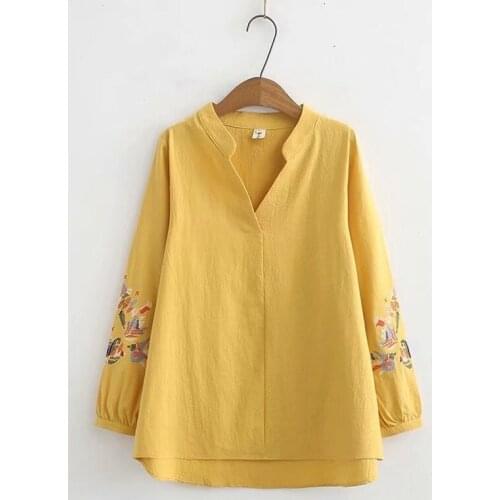 Plus Size XL-4XL Women Solid Stand Collar Long Sleeve Blouse Floral Embroidery Shirts Vintage Female Blusas