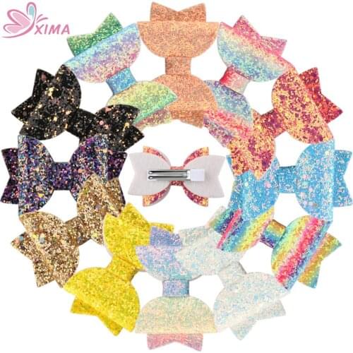 XIMA 12pcs/lot 3inch Rainbow Colors Glitter Hair Bow Hair Clip For Children Hairpins Colorful Bows Hairgrips Hair Accessories
