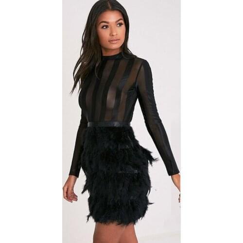 Wholesale New Dress black and white feather Long sleeves Net yarn perspective Sexy Cocktail party bandage dress (L2245)
